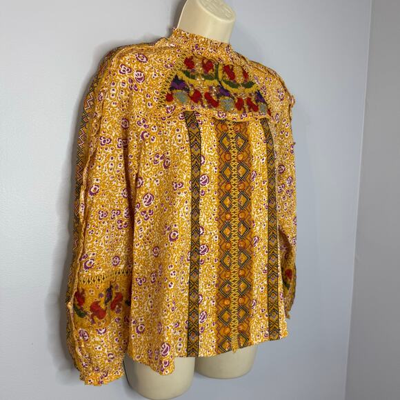 Maeve Anthropologie Goldie Embroidered Blouse Gold Yellow Floral Ruffled Sz 4 - Picture 8 of 14